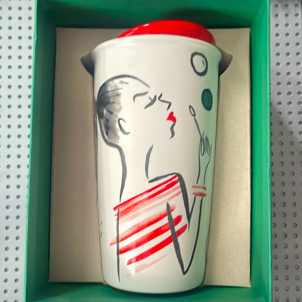 Starbucks 2015 Girl Blowing Bubbles 12oz White Ceramic Travel Tumbler Mug & Top